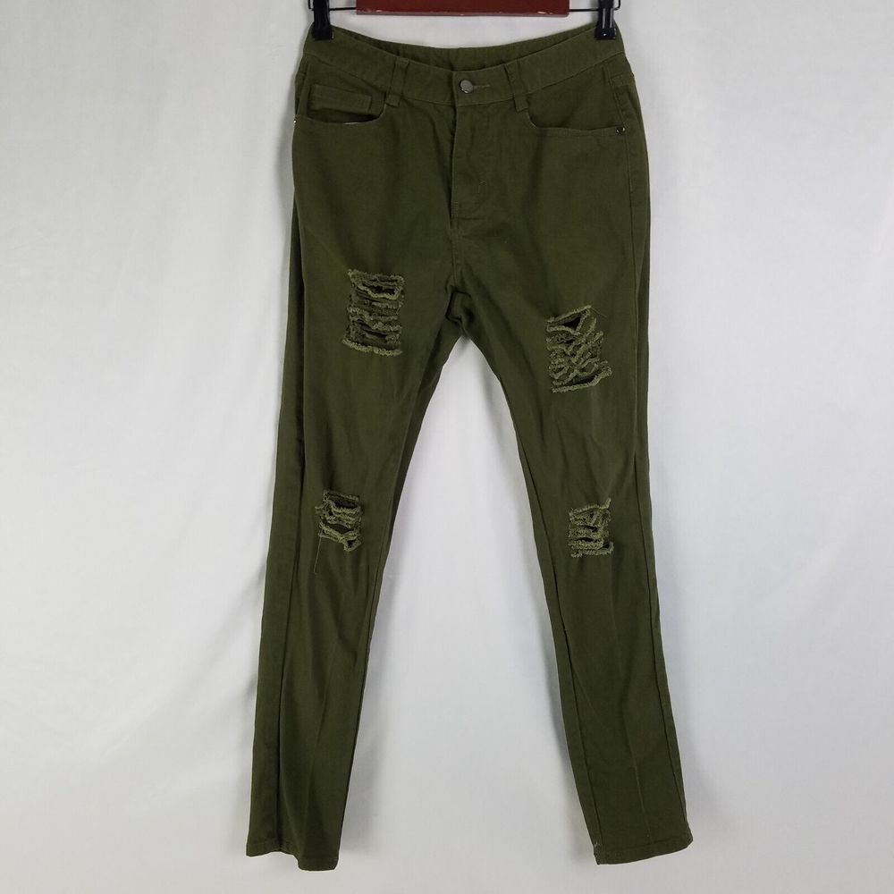 Womens Jeans Medium‎ Green Mid Rise Distressed Skinny Leg Dark Denim